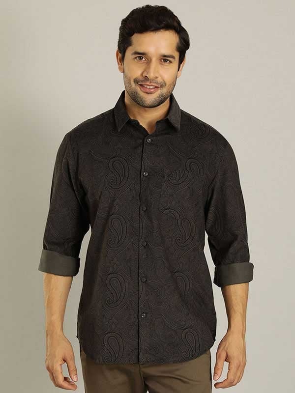 Indian Terrain Men's Slim Fit Full Sleeve All Over Print Grey Shirt